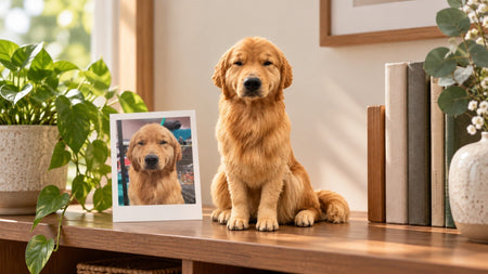 Large handcrafted golden retriever figurine displayed on a wooden shelf beside its pet reference photo