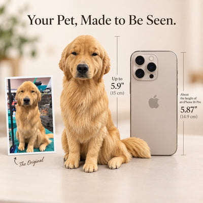 15cm custom golden retriever figurine shown beside a pet photo and smartphone for scale