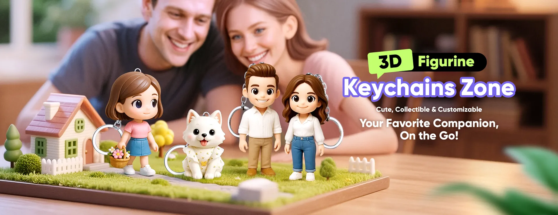 3D figurine keychains with a family and dog on a display stand, with a couple in the background.