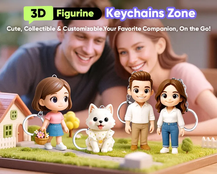 3D figurine keychains with a family and dog on a miniature landscape, with text about collectible and customizable keychains.