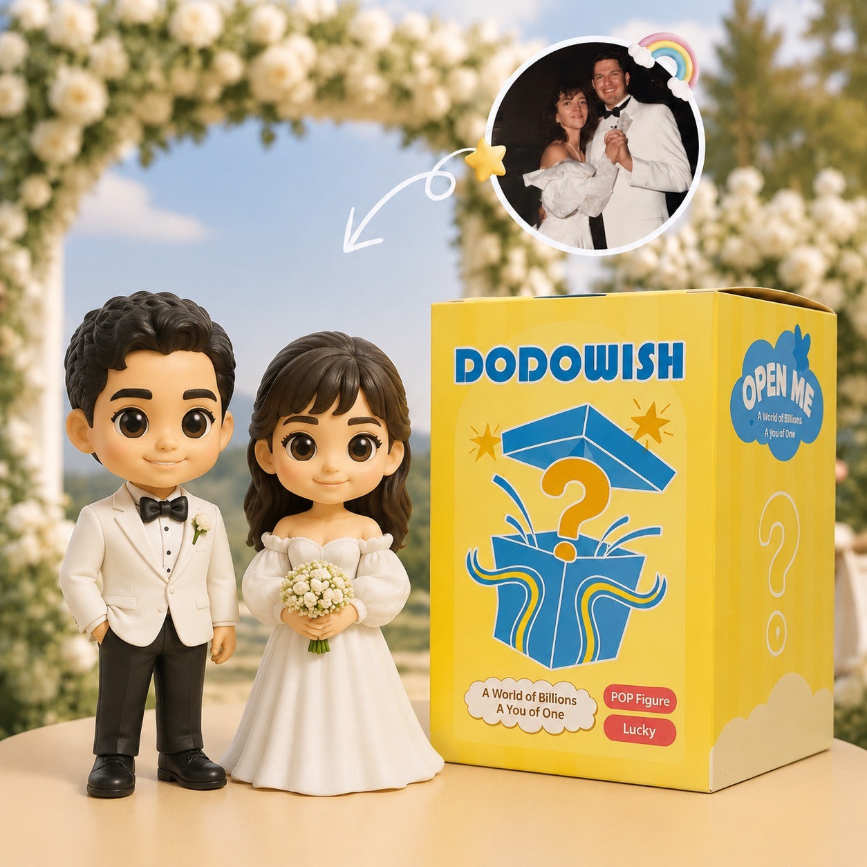 custom wedding couple figurine in chibi style, hand-painted in detailed wedding attire by master artisans