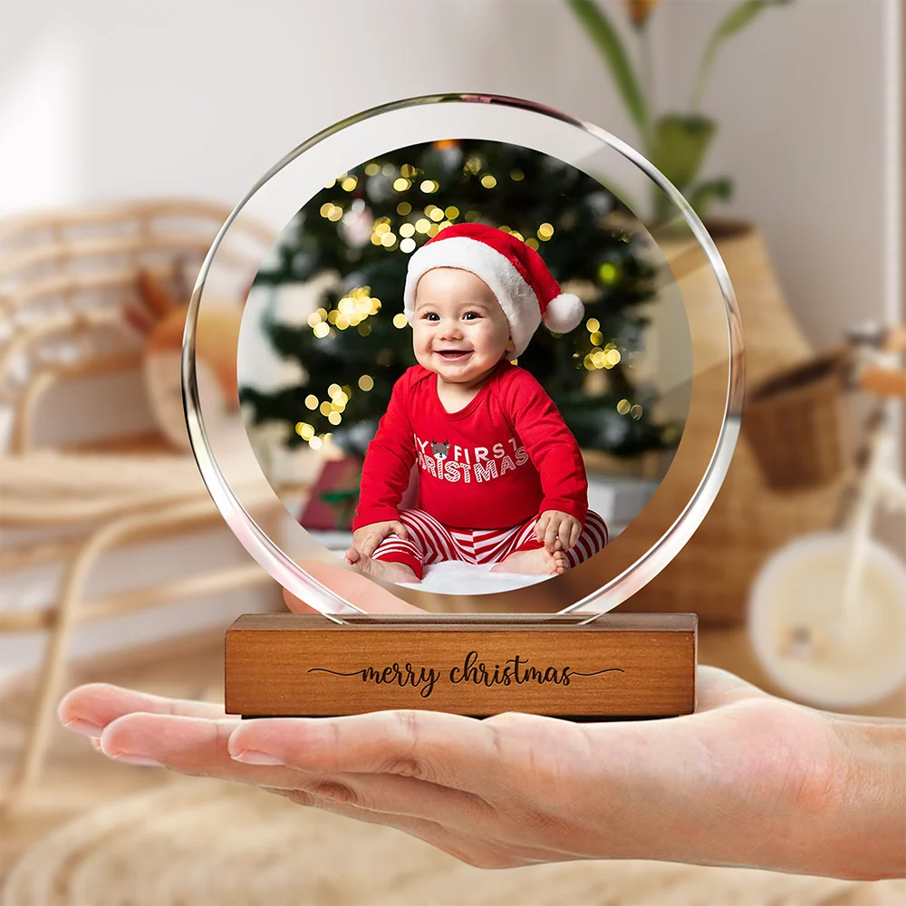 DoDoWish Personalized Round Acrylic Photo Plaque with Engraved Wooden Base