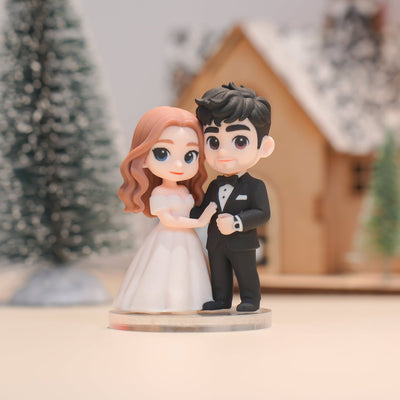 Wedding cake topper figurine of a bride and groom with a blurred decorative background