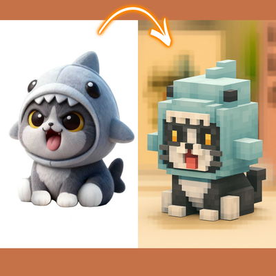 Two toys: a shark-shaped plush toy and a pixelated cat figurine, with an arrow pointing from the plush toy to the figurine.