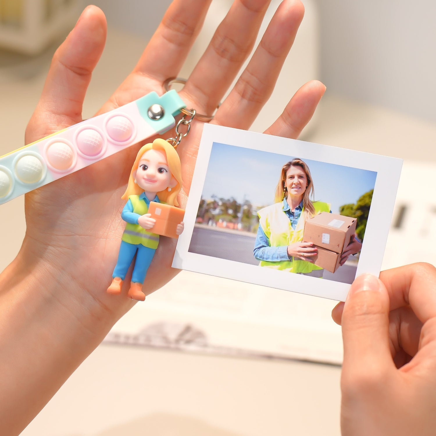 Hand holding a colorful pop-it toy with a figurine and a photo of a woman holding a box.