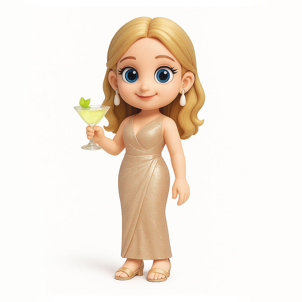 Cartoon character in a gold dress holding a cocktail on a white background
