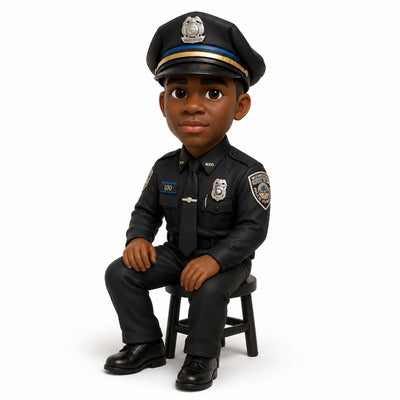 custom police officer figurine in full uniform with hand-painted badge detail, crafted from premium artisan resin as a personalized law enforcement gift
