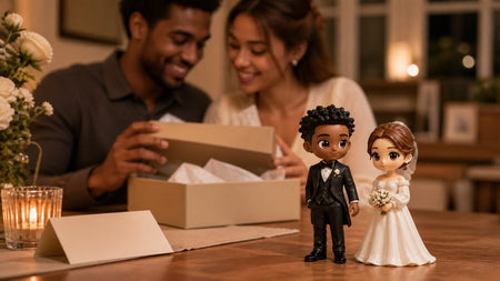 Couple recognizing details from a shared anniversary memory in a handcrafted DoDoWish figurine
