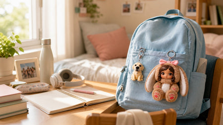 Personalized back to school gifts on a dorm desk, including a custom photo keychain, pet mini figure, and magnet keepsakes for students