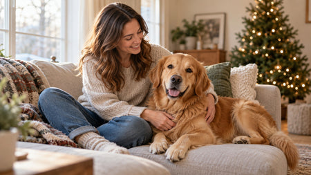 A pet owner and dog sitting together in soft window light with a Christmas tree in the background