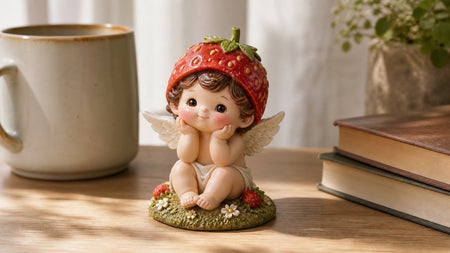 Custom 3D printed cherub figurine with strawberry headgear and little angel wings, personalized custom 3D figure gift on a desk