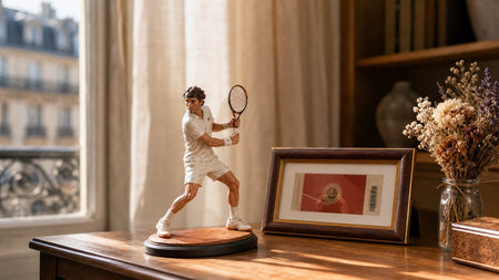 Custom 3D printed Roland-Garros 2026 tennis figurine handcrafted from match photo, displayed on a memorabilia desk in warm Parisian afternoon light