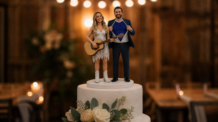 Custom 3D printed wedding cake topper figurine of a Swiftie bride in a sparkly era dress and groom in a team jersey, hand-painted