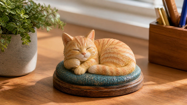 Custom 3D figure of a sleeping orange cat hand-painted in artisan resin, displayed on a sunny home desk as a personalized cat keepsake