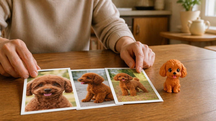 Dog owner comparing three reference photos beside a handcrafted custom dog figurine
