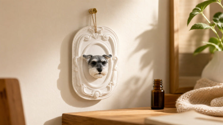 Personalized 3D printed pet gift aroma stone with a custom dog portrait in a warm home setting