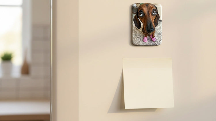 Custom dog fridge magnet holding a note on a warm kitchen refrigerator