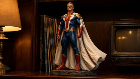 Custom 3D printed figurine of a Homelander-style superhero in a red, white, and blue suit, hand-sculpted in artisan resin and displayed on a dark collector shelf
