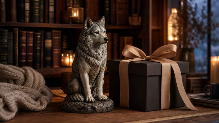 Fantasy gifts for pet lovers with a custom 3D printed pet figurine displayed beside books and a premium gift box