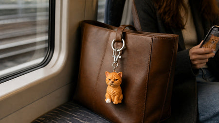 Custom pet figure keychain attached to a structured tote as a personalized bag charm for the 2026 bag charm trend