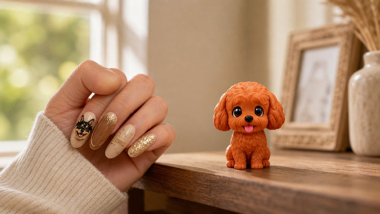 Wearable custom pet portrait nails beside a displayable custom dog figurine, two pet keepsake formats compared