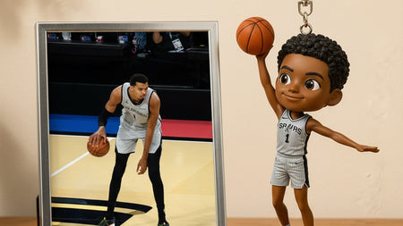 Custom 3D printed basketball player figure keychain in silver and black Spurs uniform holding a ball, hand-painted DoDoWish keepsake