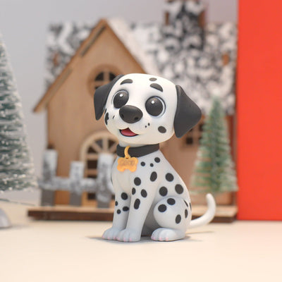 Toy Dalmatian dog figure with a festive background