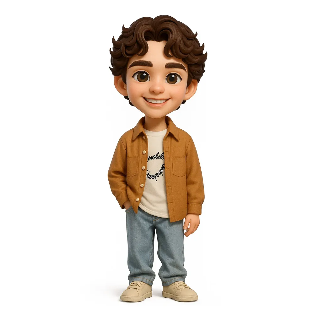 Cartoon character wearing a brown jacket and blue jeans on a white background