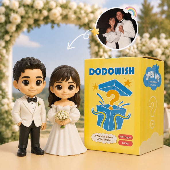 custom wedding couple figurine in chibi style, hand-painted in detailed wedding attire by master artisans
