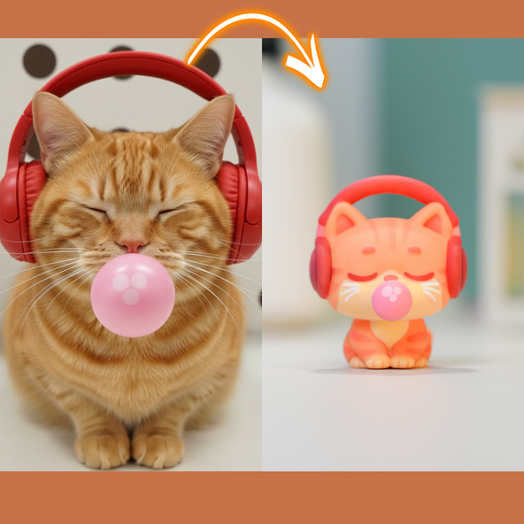 Cat with red headphones and a cat figurine with red headphones and pink bubble gum.