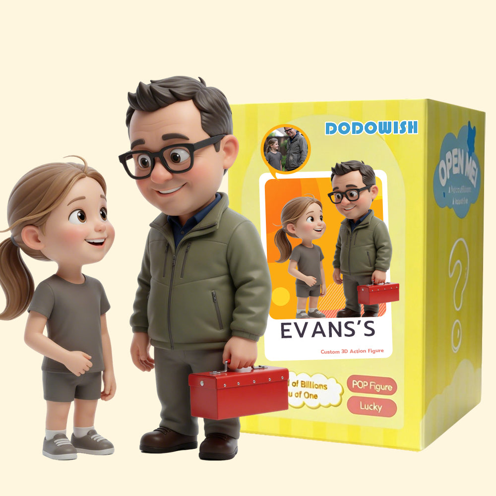 A handcrafted Q-version custom handyman dad mini figurine holding a power drill, made from a personal photo as a heartfelt Father's Day gift