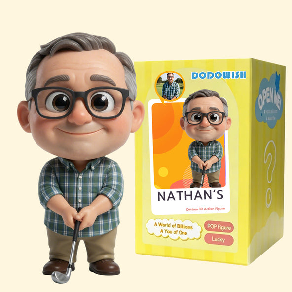 Handcrafted DoDoWish custom golf dad figurine captured in a mid-swing pose on a fairway-themed artisan resin base