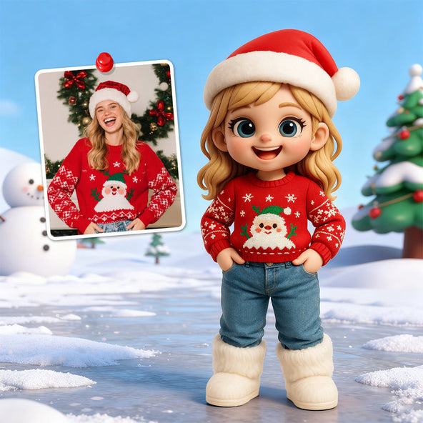 Animated character in a Christmas sweater and Santa hat with a snowy background