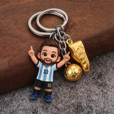 personalized DoDoWish chibi keychain made from a young soccer player's photo, presented as a unique and memorable soccer gift for kids