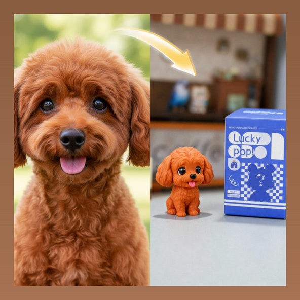 Real-life brown dog next to a small orange dog toy with a 'Lucky Pop' box in the background.