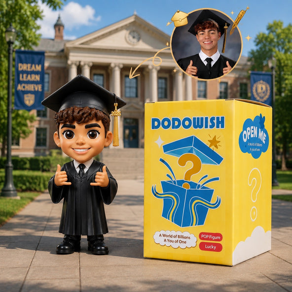 lifelike DoDoWish handcrafted custom graduation figurine displayed from the front, showcasing hand-painted gown and facial details