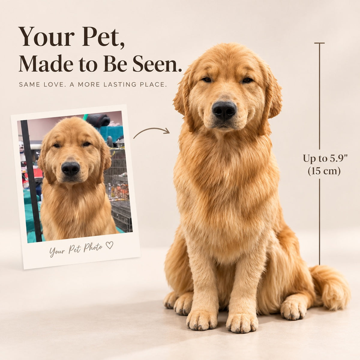 Illustration of a large custom golden retriever figurine created from a pet photo