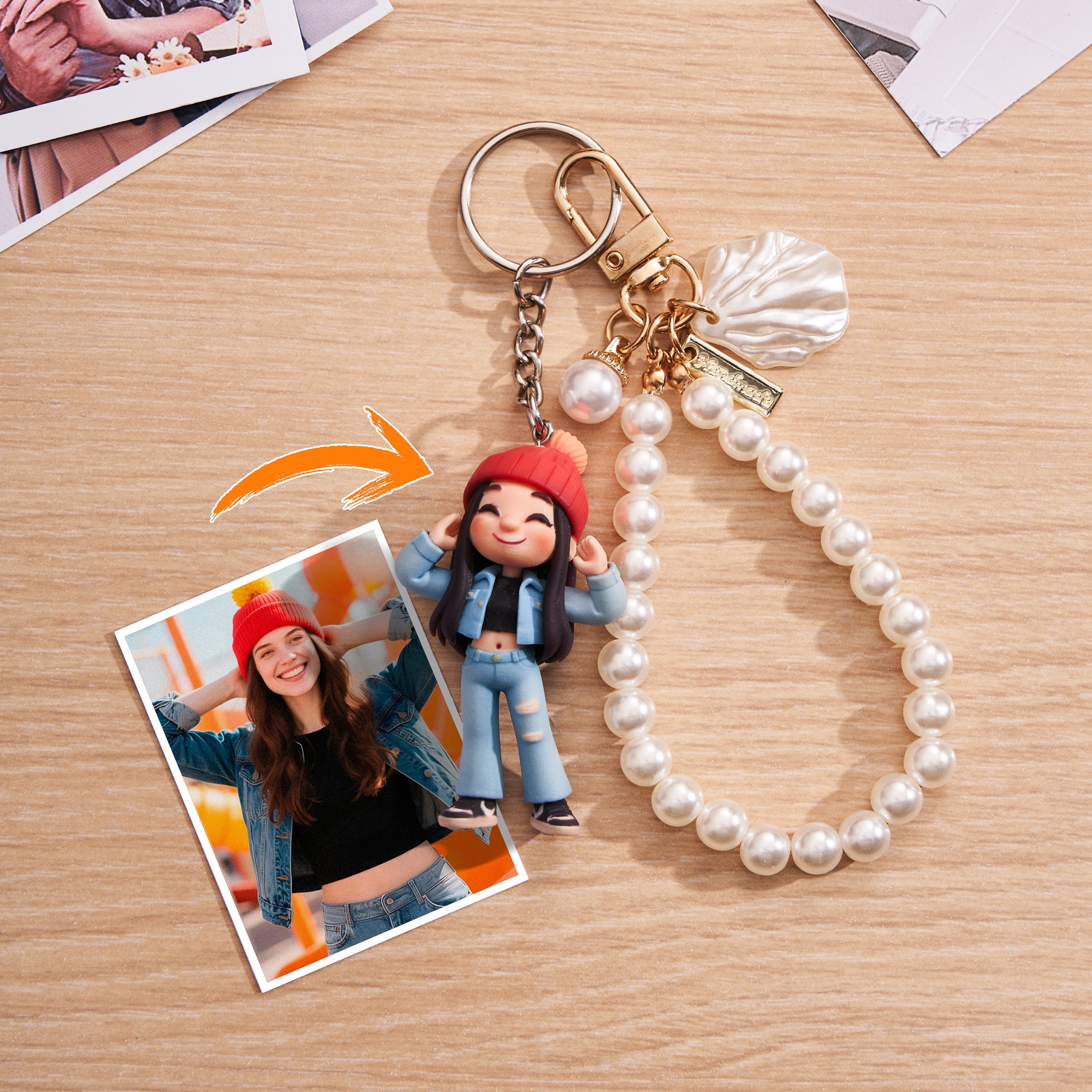 DoDoWish Personalized 3D Keychain from Photo Custom Cartoon Mini Figure Doll Unique Keyring & Creative Gift with Pearl Style Accessory