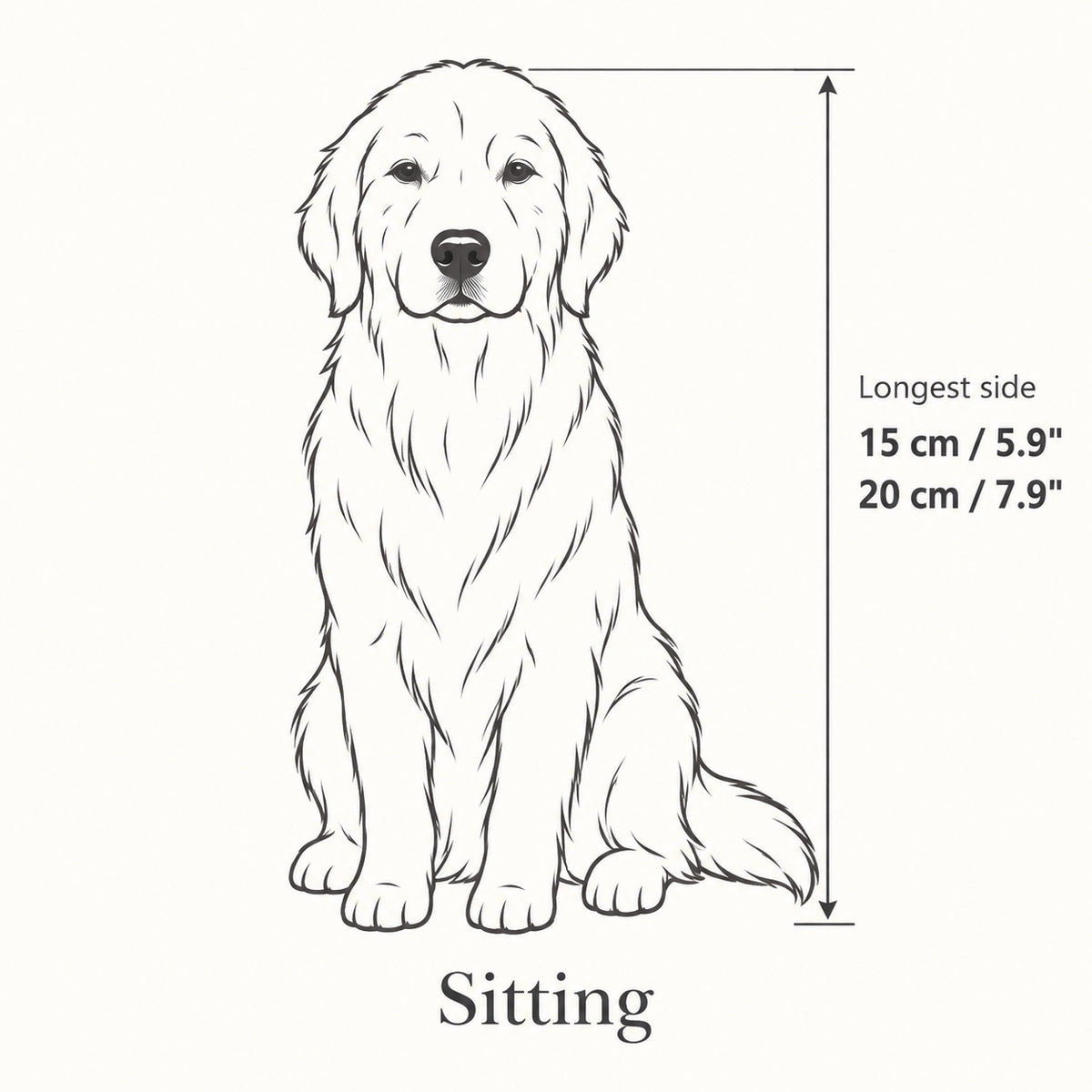Measurement guide for sitting custom pet figurines in 15cm and 20cm sizes